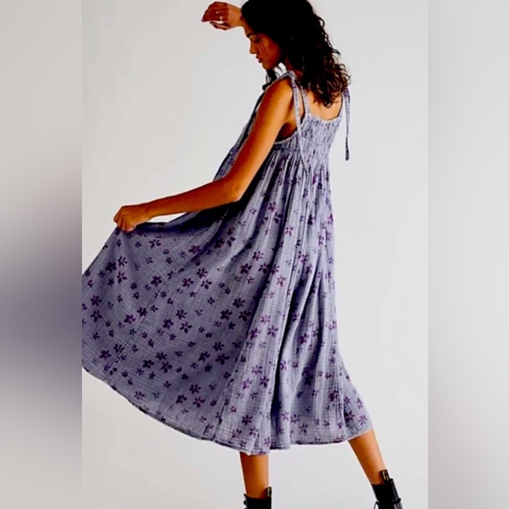 FREE PEOPLE Dress AZURE Lilac Purple Blue Floral Cotton Maxi Midi Size Large